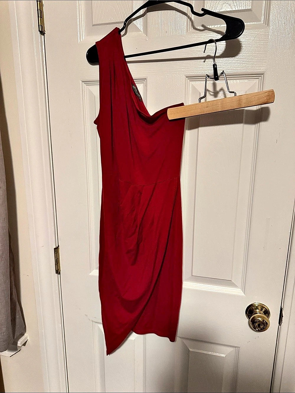 PrettyGarden One Shoulder Ruched Bodycon Midi Dress Red Medium